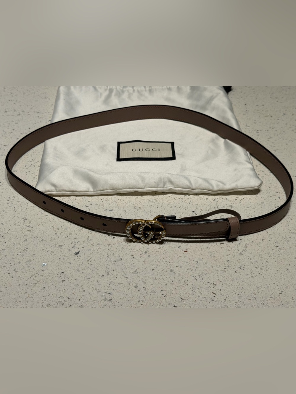 Gucci Brown Leather Belt with Gold Double G and Pearl Accents